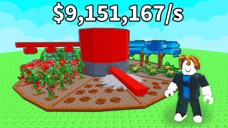 Build A Ring Farm Carnival Update gameplay screenshot showing a high-level circular ring farm with Boom Bloom crops, pineapples, and automated saw harvesters earning over $9 million per second